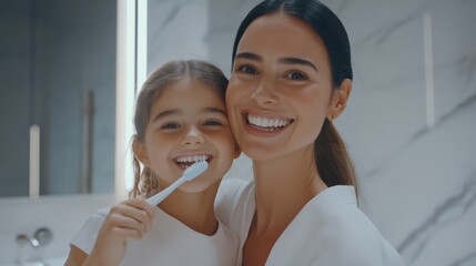 Mother and daughter smiling while brushing teeth together in modern bathroom joyful family bonding moment