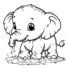 Fototapeta premium Cute Baby Elephant Spraying Water in Black and White Illustration