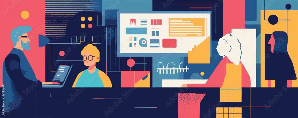 Poster collaborative office environment with four diverse professionals working on digital projects.