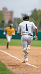 Baseball action player runs to first base leaving bat behind on field