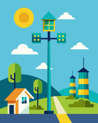 In a rural town the solarpowered traffic signals stand tall and bright a testament to technological progress in unexpected places.. Vector illustration