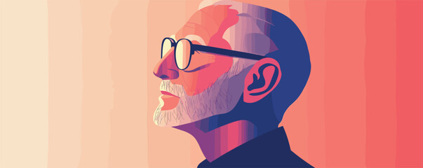 Colorful silhouette of bald elderly man with glasses in abstract art style.