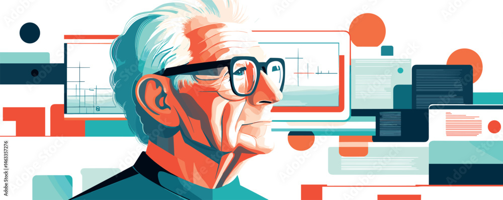 Poster elderly man analyzing data on multiple screens in modern abstract illustration.