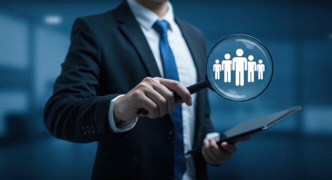 Person in suit holding magnifying glass with people icons inside it focus