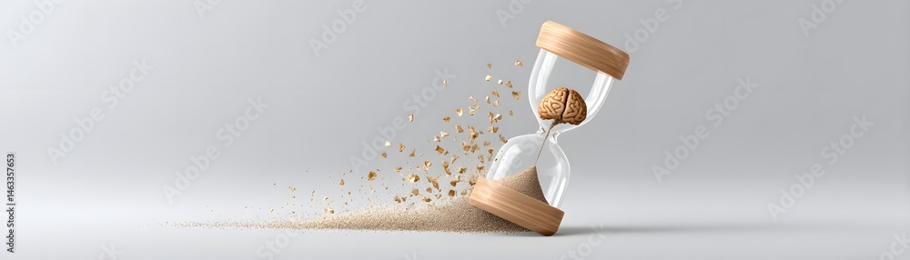 Poster the human brain is depicted inside an hourglass with sand pouring down, signifying the passage of ti