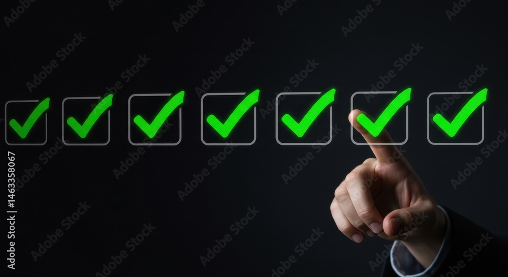 Poster hand selecting checkmark from a series of boxes with green check marks shown