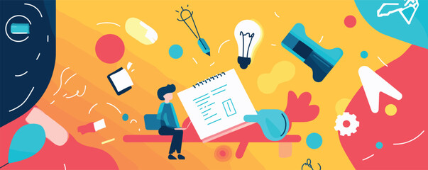 Creative brainstorming concept: man with notebook amidst colorful symbols and ideas.