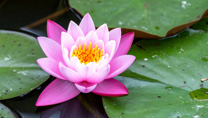 Stunning Pink Water Lily Bloom on Lush Green Lily Pads