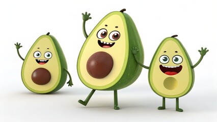 3D Rendered Cartoon Avocado Family, Happy Fruit Characters, White Background, 3 Avocados, Cute, Funny, illustration. Avocado