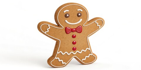 Obraz premium 3D Rendered Gingerbread Man Festive Cookie with Red Bow, White Background, Christmas Treat, Holiday Dessert. Gingerbread Man, 3D Render