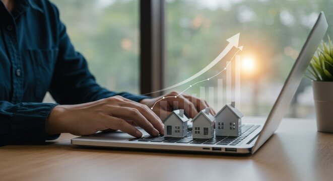 Person typing on laptop with house models and rising graph overplayed image