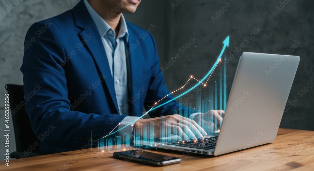 Aufkleber man in suit using laptop with upward trending graph overlaying the screen