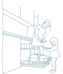  Little daughter helping her mother put the dishes in the washing machine