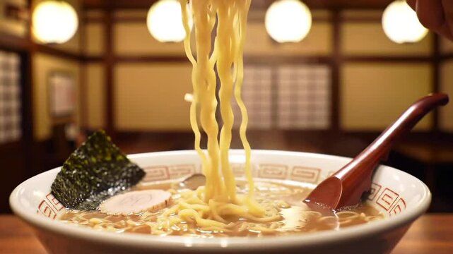 A cozy Japanese ramen shop setting with a bowl of shoyu ramen on the counter, wooden chopsticks resting on the bowl