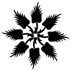 Round geometrical design or mandala with abstract floral motifs. Stylized trees or leaves. Black and white silhouette.