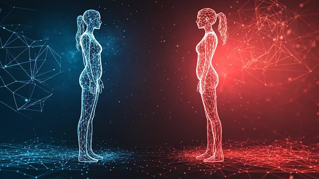 Two figures, facing opposite directions, in a digital, contrasting environment