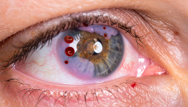 Close-up of Eye with Hyphema, Hemorrhages, and Conjunctival Injection