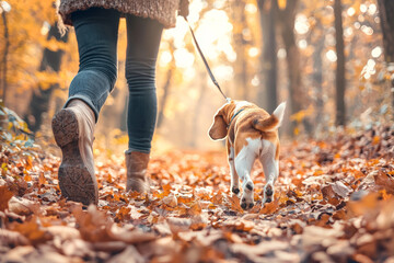 A wooded path with fallen leaves scattered across the ground, a person is walking their dog, a beagle