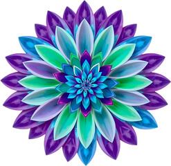 Fototapeta premium Symmetrical spiral floral bloom with blue-purple petals and green leaves.