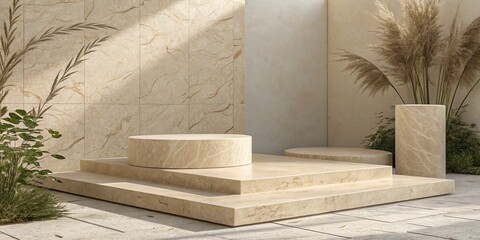 Beige Marble Platform Product Display, Minimalist Mockup, Neutral Tones, Pampas Grass Product Photography, Mockup