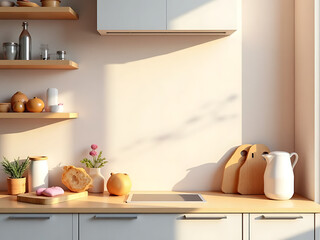 Sunlit kitchen counter arrangement with fruits and tableware bright and modern interior design