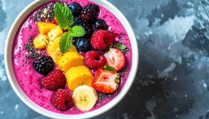 Top-Down View of Colorful Smoothie Bowl Topped with Fresh Fruits and Vibrant Healthy Ingredients