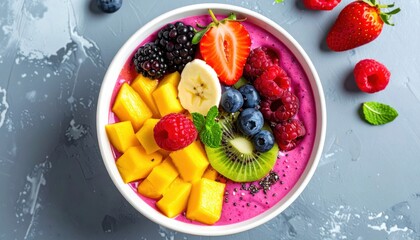 Top-Down View of Colorful Smoothie Bowl Topped with Fresh Fruits and Vibrant Healthy Ingredients