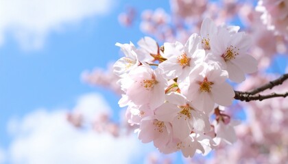 Cherry Blossoms in Full Bloom Under Clear Blue Sky with Soft Sunlight and Gentle Spring Breeze