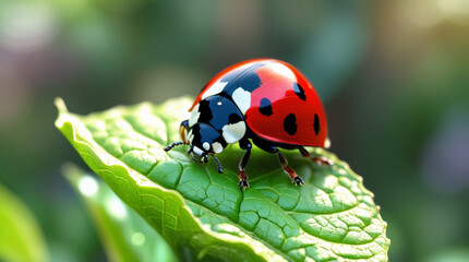Fototapeta premium ladybug on green leaf