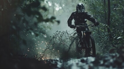 Naklejka premium Mountain biker in a rainy forest trail