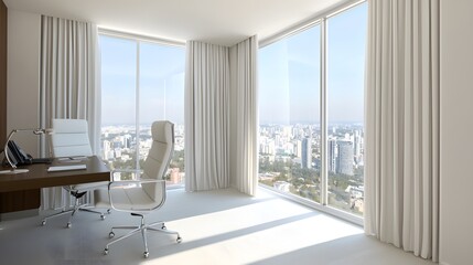 Fototapeta premium Modern Office Space with Stylish Desk and Panoramic City View through Large Windows