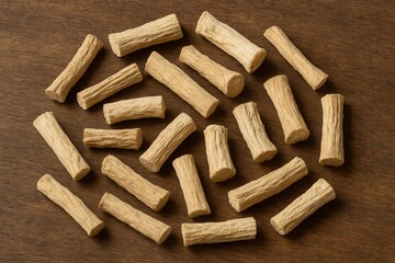 Collection of Brown Textured Cylindrical Dowels on Brown Textured Background