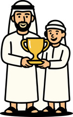 Smiling Father And Son Dressed In Traditional Clothing Hold A Golden Trophy Together Closely