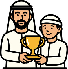 A Father And Son In Traditional Emirati Attire Share A Golden Trophy In Line Art Style