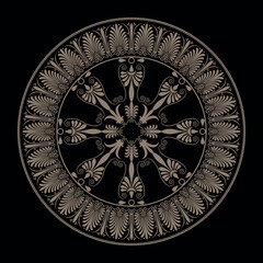 Vector gold classic Greek round ornament. Circle of Ancient Greece, Roman Empire. Greek seamless meander pattern. Byzantine painting. For decoration of European palaces, ceramic, textile, embroidery
