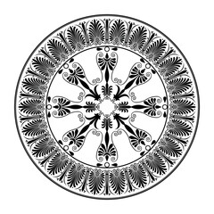 Vector black monochrome classic Greek round ornament plate. Circle plate of Ancient Greece, Roman Empire. Byzantine painting of walls, floors and ceilings. For decoration of European palaces, ceramic