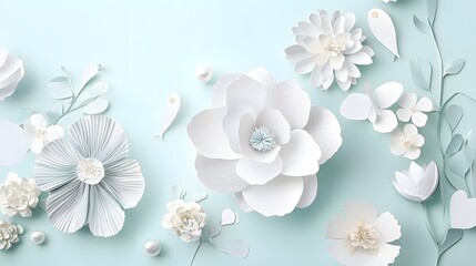 Elegant White Paper Flowers on Soft Blue Background for Creative Projects