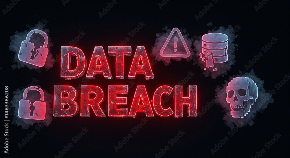 Poster data breach alert with broken padlocks, skull and database icon representing cyber security threat