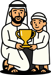 A Proud Father And Son Dressed In Traditional Clothing Celebrating A Victory With A Trophy