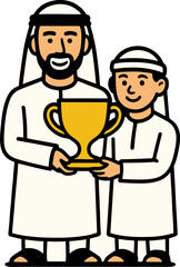 Smiling Middle Eastern Man And Boy Proudly Hold A Golden Trophy Together In Vector Art