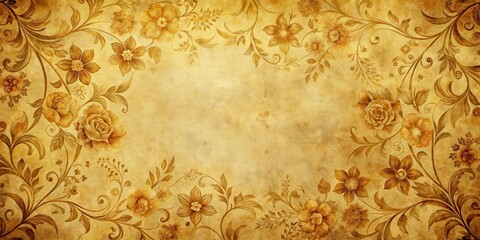 Distressed vintage-inspired floral pattern on parchment paper with a warm, golden tone and intricate details, vintage