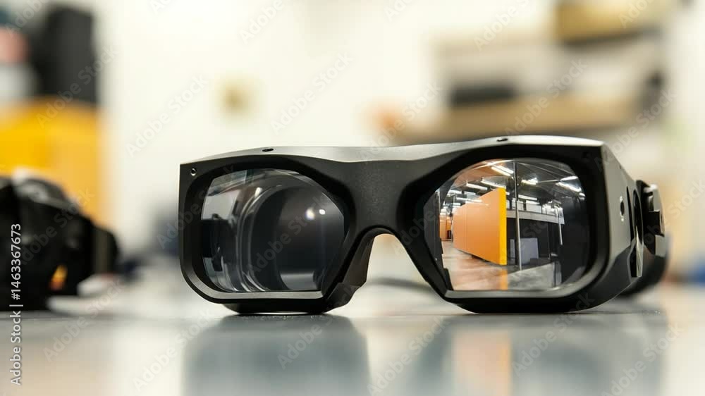 Poster augmented reality headset displaying a virtual orange panel in modern workspace