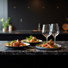 Gourmet dinner presentation modern kitchen food photography elegant setting close-up culinary art