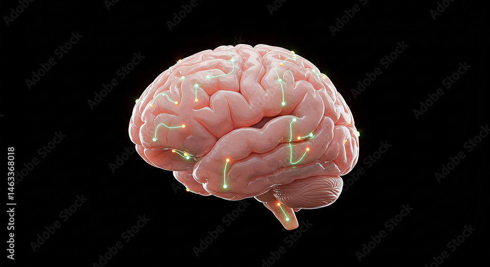 Poster human brain showing active neural connections on black background