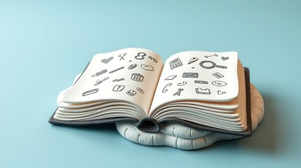 Open book with hand-drawn doodle icons on its pages, resting on a soft, cloud-like cushion against a light blue background.