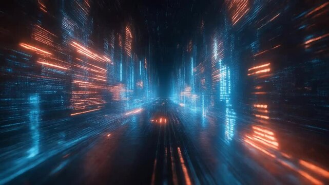 Flowing digital data streams, glowing particles, and binary code running through neon lights