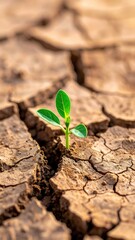 Small Green Sprout Growing from Dry Cracked Earth as a Powerful Symbol of Resilience and Hope in Harsh Condition