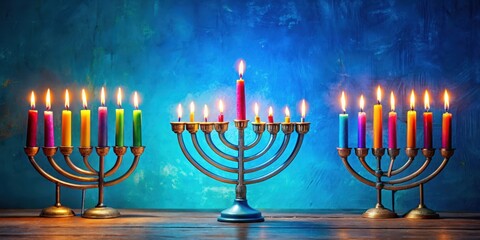 Fototapeta premium Colorful menorahs and candles against a bright blue background, halloween decoration , holiday