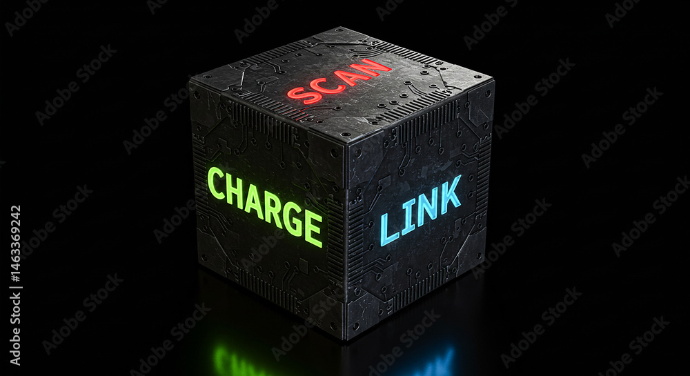 Poster metallic cube showing scan, charge and link status on dark background