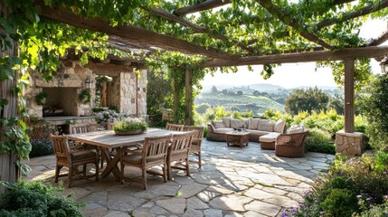 Obraz premium Serene Outdoor Patio Surrounded by Lush Greenery and Hills
